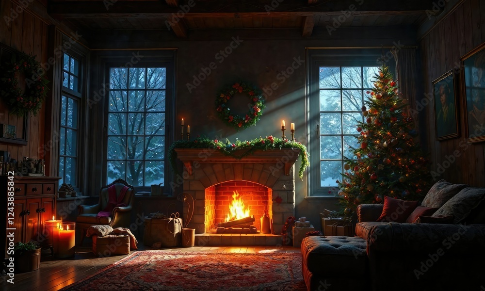 Warm light spills from a fireplace on Christmas Eve night, casting a cozy glow over the room , winter wonderland, cabin ambiance, festive scene Warm light spills from a fireplace on Christmas Eve night, casting a cozy glow over the room , winter wonderland, cabin ambiance, festive scene