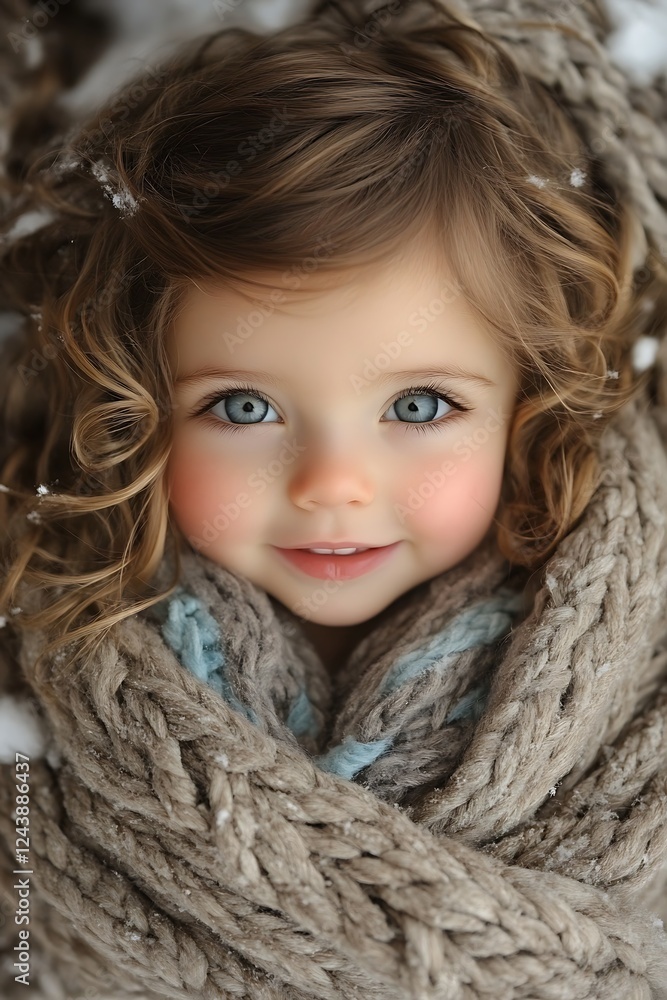 Winter Wonderland Smile: A heartwarming portrait of a little girl with sparkling blue eyes and a captivating smile, wrapped in a cozy knit scarf amidst a snowy backdrop. Winter Wonderland Smile: A heartwarming portrait of a little girl with sparkling blue eyes and a captivating smile, wrapped in a cozy knit scarf amidst a snowy backdrop.