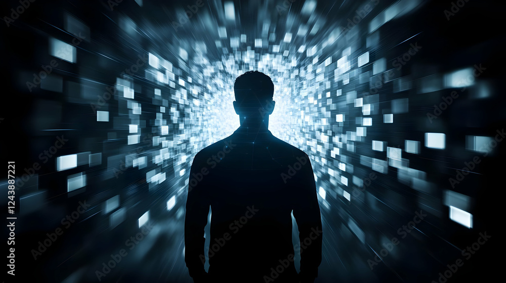 Silhouette of a person standing in a digital world, symbolizing introspection and technology-driven thoughts. Silhouette of a person standing in a digital world, symbolizing introspection and technology-driven thoughts.