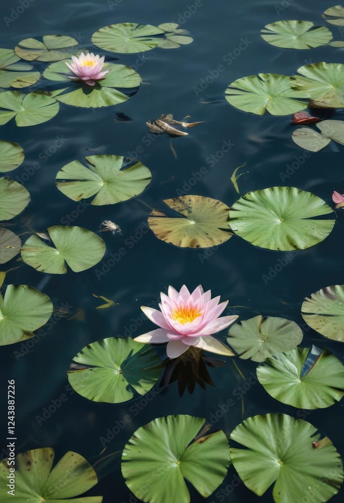 Water lilies floating on the surface with a few fish nearby, aquatic life, water lilies Water lilies floating on the surface with a few fish nearby, aquatic life, water lilies