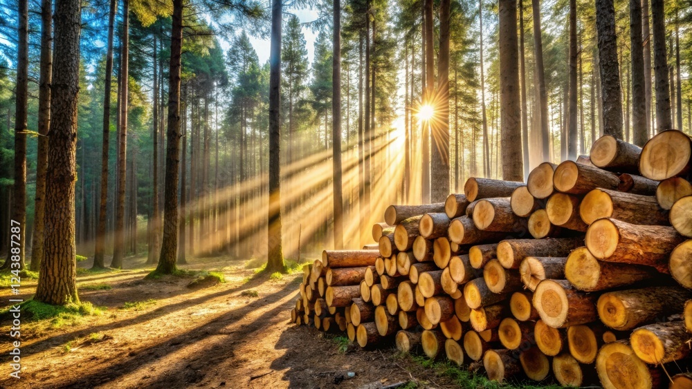 Sunbeams Illuminate a Stack of Logs in a Misty Forest Sunbeams Illuminate a Stack of Logs in a Misty Forest
