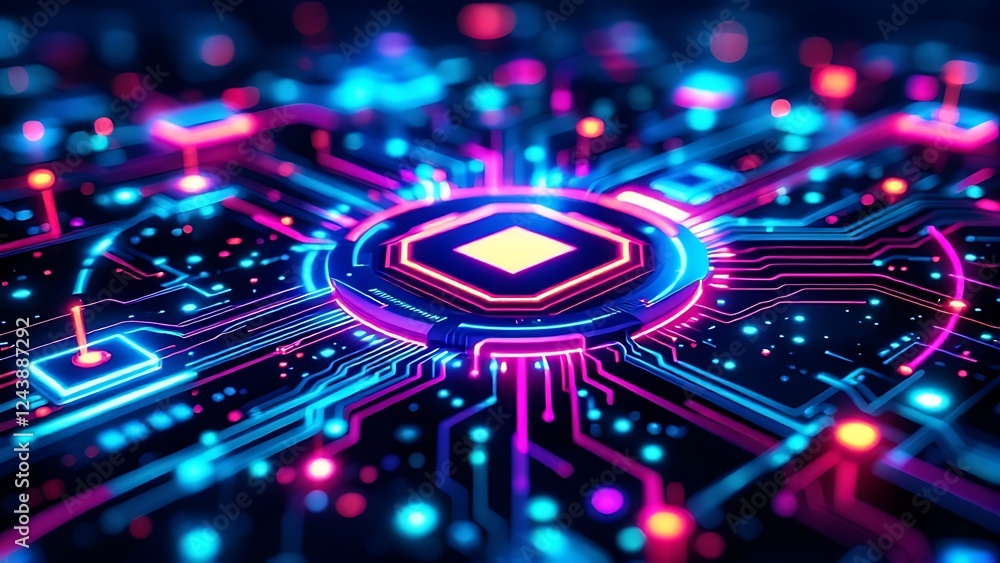 Neon gaming background featuring sharp angular shapes and glowing circuit board patterns in electric blue, purple, and green wallpaper AI generated image Neon gaming background featuring sharp angular shapes and glowing circuit board patterns in electric blue, purple, and green wallpaper AI generated image