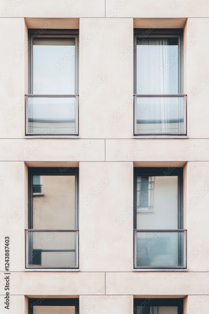 Modern apartment building facade showcasing sleek lines and multiple windows with minimalist balconies in an urban setting during daylight Modern apartment building facade showcasing sleek lines and multiple windows with minimalist balconies in an urban setting during daylight