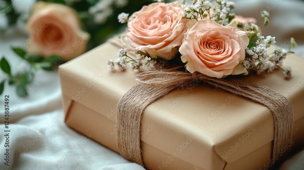Peach roses adorn gift, burlap bow, fabric backdrop Peach roses adorn gift, burlap bow, fabric backdrop