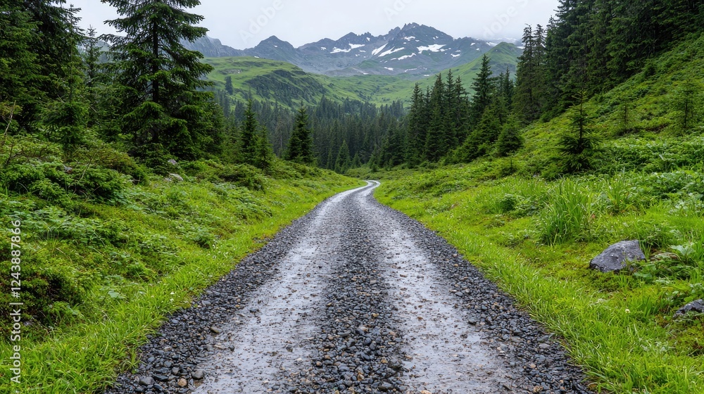 Fototapeta premium Mountain gravel road leading to valley, lush greenery