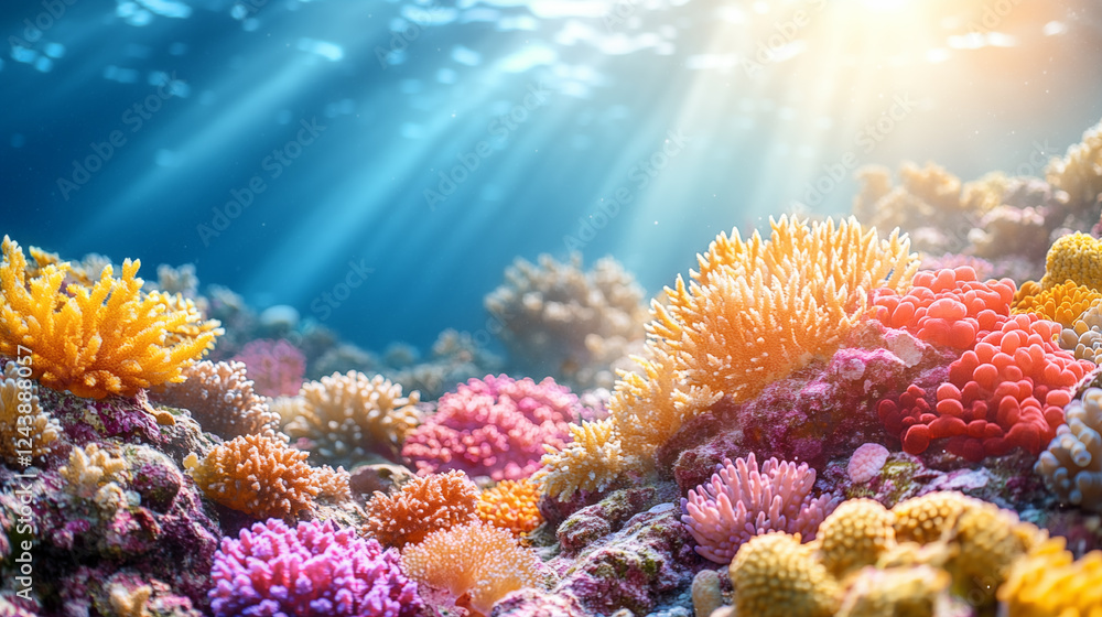 Fototapeta premium Abstract background, colorful coral underwater world in sunlight, beautiful highlights and divorces