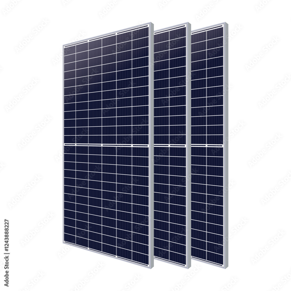 Vector image of three solar panels arranged in a staggered formation against a white background. Grid-like pattern of photovoltaic cells represents advanced renewable energy technology. Vector image of three solar panels arranged in a staggered formation against a white background. Grid-like pattern of photovoltaic cells represents advanced renewable energy technology.