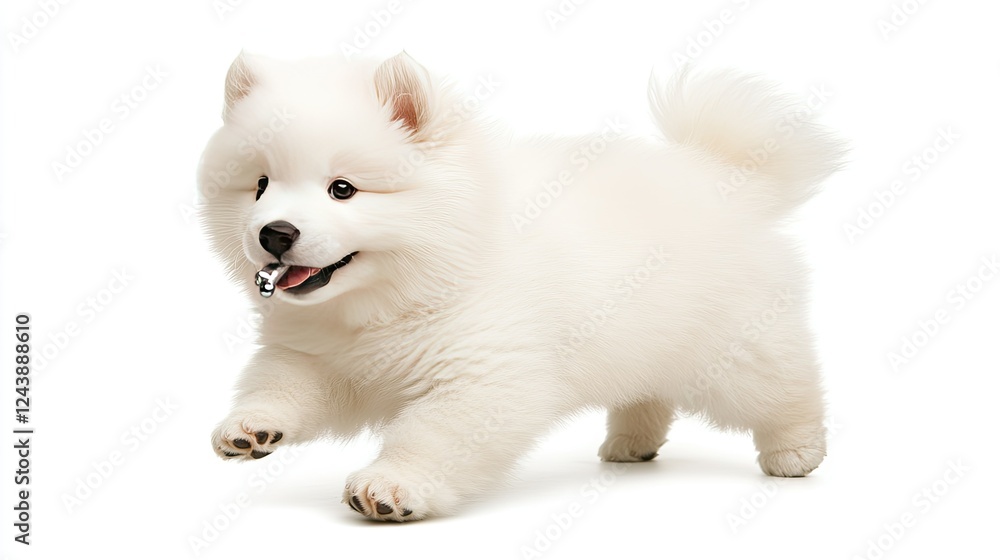 Fototapeta premium A playful and fluffy Samoyed puppy is running around joyfully indoors, basking in the warm, bright natural light streaming in