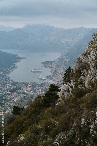 Kotor bay and cruise ships near Kotor town. View from Lovcen - Lovchen - mountain. Montenegro country photo