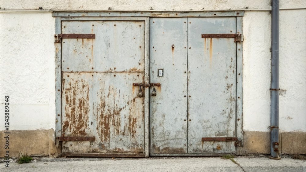 Weathered metal door with rusty hinges and scratches, rusty hinges, faded paint, scratched surface, crumbling mortar Weathered metal door with rusty hinges and scratches, rusty hinges, faded paint, scratched surface, crumbling mortar