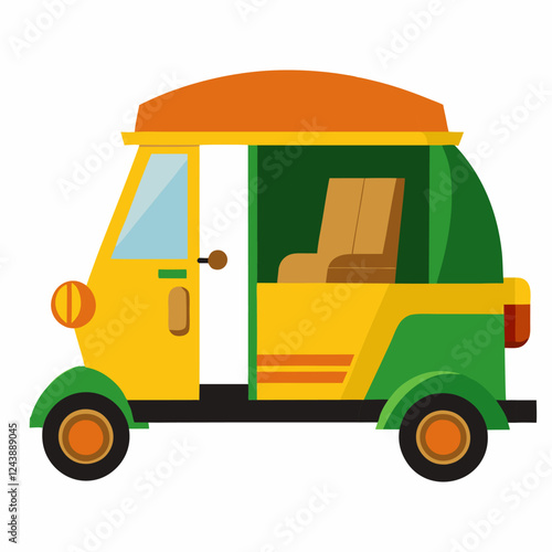 A colorful transport cartoon tuk tuk , showcasing a popular mode of transport in many Asian cities.Suitable for children's books, sticker,t shirt design, mascot, logo. Children's picture.Vector 