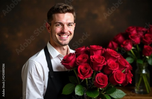 Beautiful young couple with bouquet of roses on red background. Valentine's day celebration