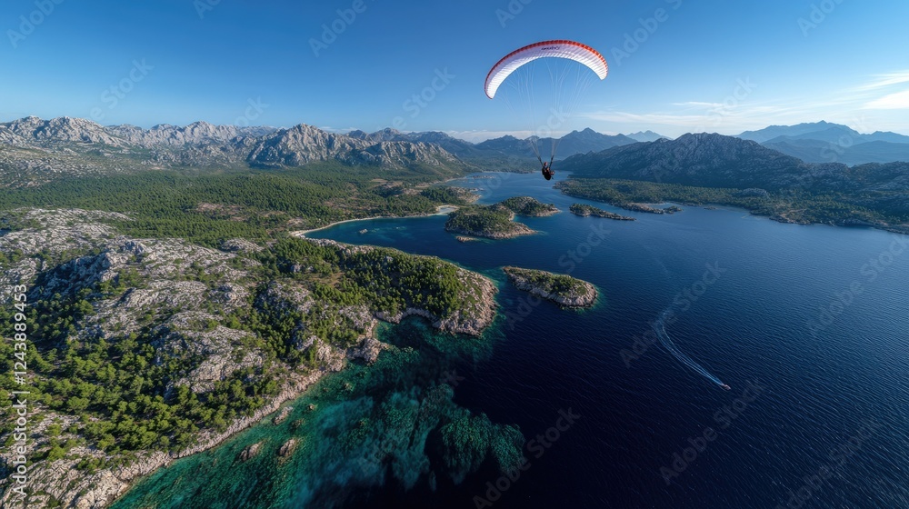 A paraglider gracefully glides high above a breathtaking coastal landscape set in a stunning mountainous region, illuminated by bright daylight A paraglider gracefully glides high above a breathtaking coastal landscape set in a stunning mountainous region, illuminated by bright daylight