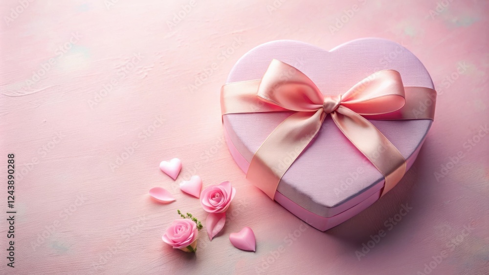 Heart-shaped gift box with ribbon and roses on pink background Heart-shaped gift box with ribbon and roses on pink background