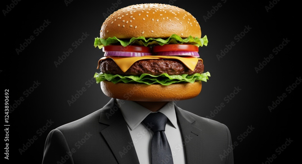Businessman with a Burger Head: A Humorous Take on Corporate Culture and Fast Food Businessman with a Burger Head: A Humorous Take on Corporate Culture and Fast Food
