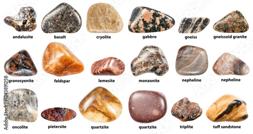 red brown polled minerals with names isolated photo