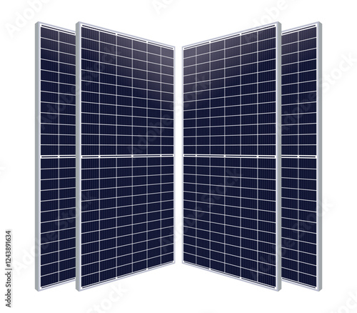 Four solar panels arranged in a semi-circular formation on a white background. Dark blue panels with a grid pattern of photovoltaic cells, framed in silver. Highlighting renewable energy potential.