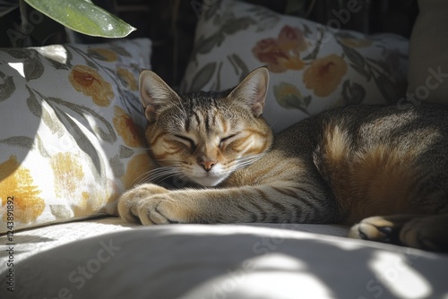 Cat relaxing in sunbeam on cozy sofa with floral pillows