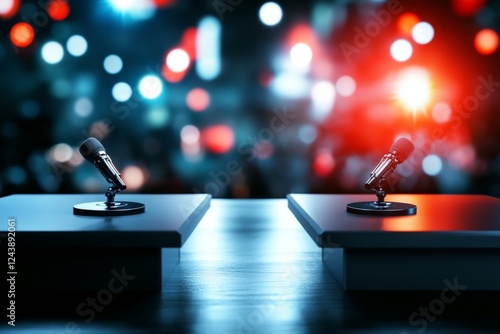 A presidential debate stage with a large audience and bright spotlights illuminating the candidates photo