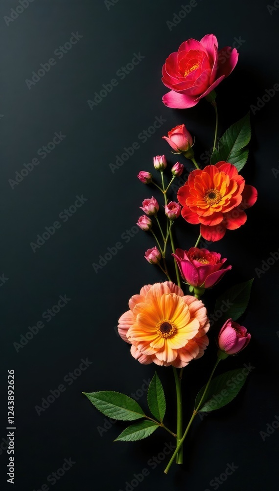 Floral arrangement with a subtle shadow effect on a black background, decorative, flowers, texture Floral arrangement with a subtle shadow effect on a black background, decorative, flowers, texture