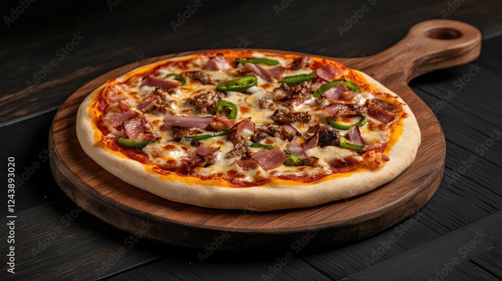 Indulge in a mouthwatering pizza, perfectly baked with savory ham and fresh green peppers, beautifully presented on a rustic wooden board in a warm and inviting atmosphere Indulge in a mouthwatering pizza, perfectly baked with savory ham and fresh green peppers, beautifully presented on a rustic wooden board in a warm and inviting atmosphere