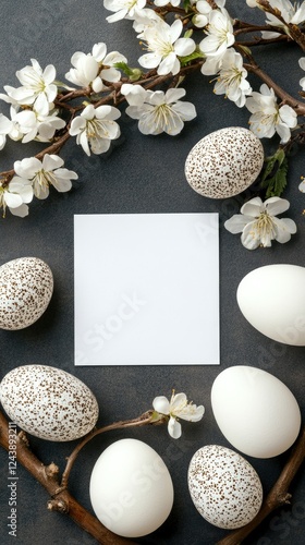 Decorative arrangement of speckled eggs and blossoms on a dark background with a blank card for spring celebrations or Easter greetings