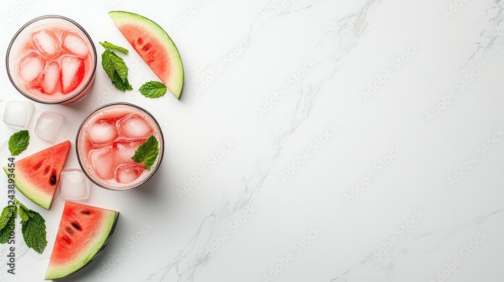 Refreshing watermelon drinks with mint and ice on a marble surface, perfect for summer gatherings and celebrations Refreshing watermelon drinks with mint and ice on a marble surface, perfect for summer gatherings and celebrations