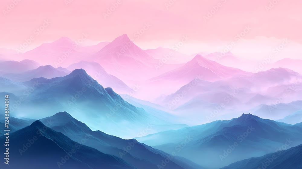 Misty Mountain Landscape with Fading Valleys Under a Pink Sky Misty Mountain Landscape with Fading Valleys Under a Pink Sky