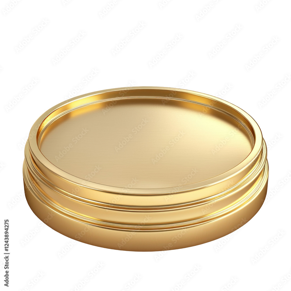 A shiny, empty gold tin container placed on a clean surface, with soft lighting highlighting its smooth finish and reflections A shiny, empty gold tin container placed on a clean surface, with soft lighting highlighting its smooth finish and reflections