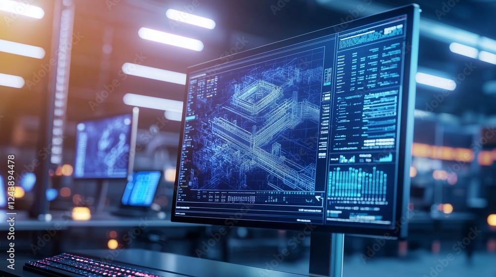 High Tech Industrial Control Room with Digital Twin Display High Tech Industrial Control Room with Digital Twin Display