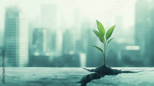 Plant emerges from concrete crack in urban landscape showcasing resilience and growth