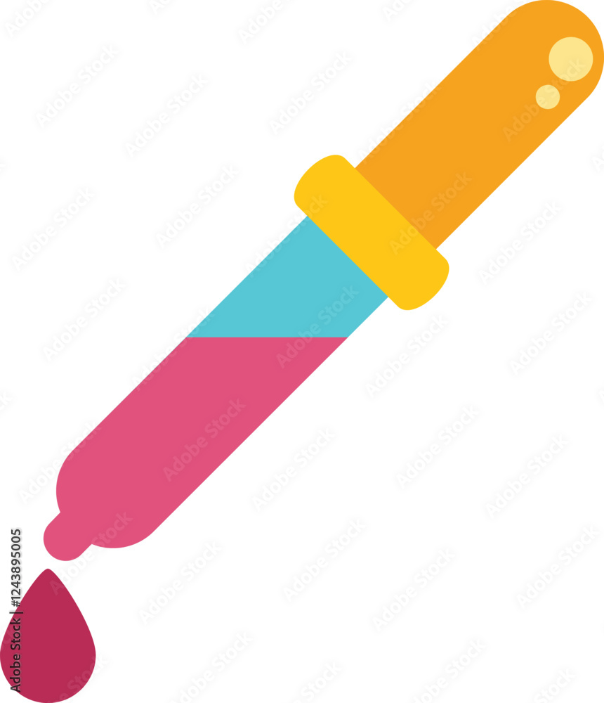 Colorful icon of a chemical dropper dispensing pink liquid Colorful icon of a chemical dropper dispensing pink liquid