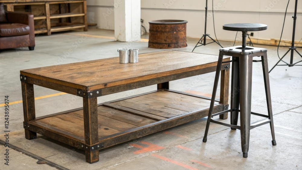 Wooden Coffee Table with Industrial Metal Stool, coffee table and chairs, mid century modern style Wooden Coffee Table with Industrial Metal Stool, coffee table and chairs, mid century modern style