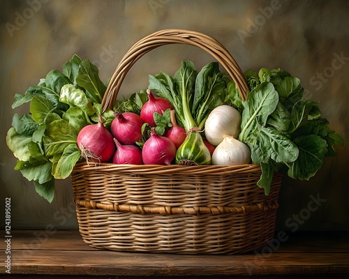 Rustic Basket Filled with a Variety of Fresh Spring Vegetables – Generative AI