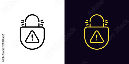 Outline lock picking icon, with editable stroke. Broken lock with danger warning, destroyed digital protection. Security hacking, cyber attack guard, hacked protection of private data. Vector icon
