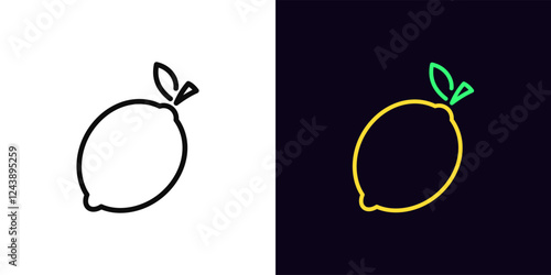 Outline lemon icon, with editable stroke. Lemon fruit with leaf, outline silhouette. Ripe citrus fruit, lemon garden, organic food, fruit diet, summer vitamins, lime fresh, health food. Vector icon