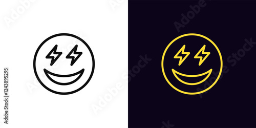 Outline pleasure emoji icon, with editable stroke. Emoji with lightning eyes and smile. Excitement emoticon, anticipation feeling, enthusiasm face, surprise, flash eyes, positive mood. Vector icon