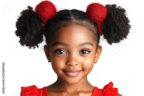 Adorable Girl with Red Hair Bows: A charming portrait of a young girl with dark skin and curly hair styled in adorable pigtails adorned with vibrant red bows. photo