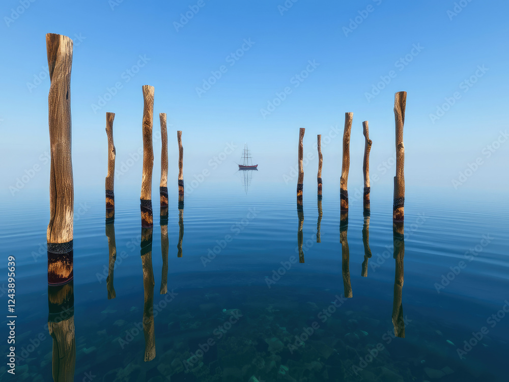 Wooden poles protruding from clear lake with ship on horizon, peaceful, ship, wooden poles, tranquil, horizon Wooden poles protruding from clear lake with ship on horizon, peaceful, ship, wooden poles, tranquil, horizon