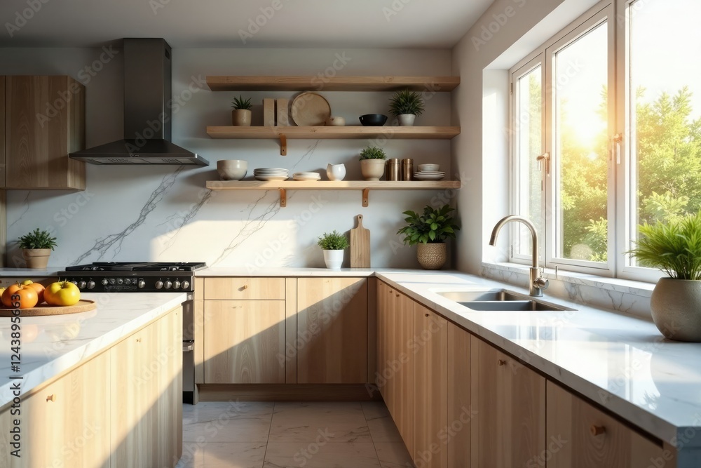 Fototapeta premium Light pours through the kitchen window on marble countertops, kitchen, open shelving, countertop