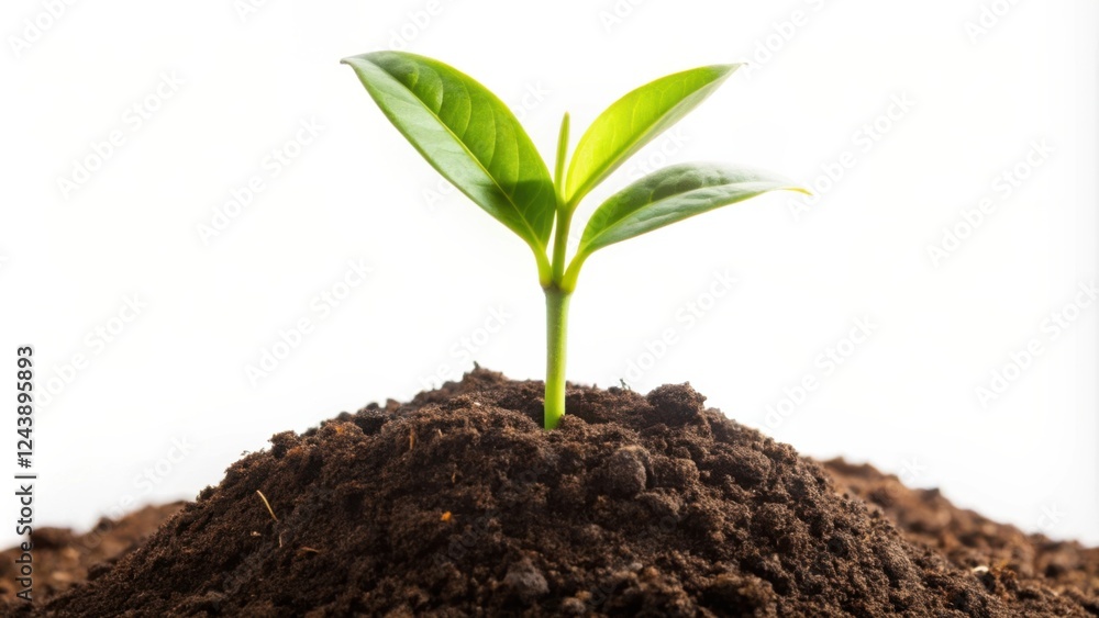 A Tiny Sprout Emerging from Dark Soil Against a Bright White Background A Tiny Sprout Emerging from Dark Soil Against a Bright White Background