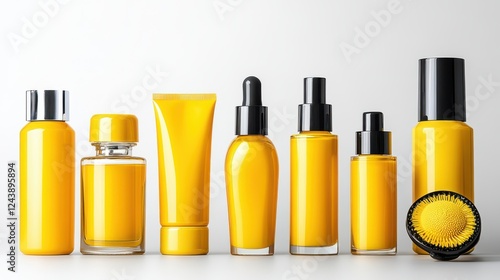 yellow plastic bottle and container for cosmetic product isolated on transparent background