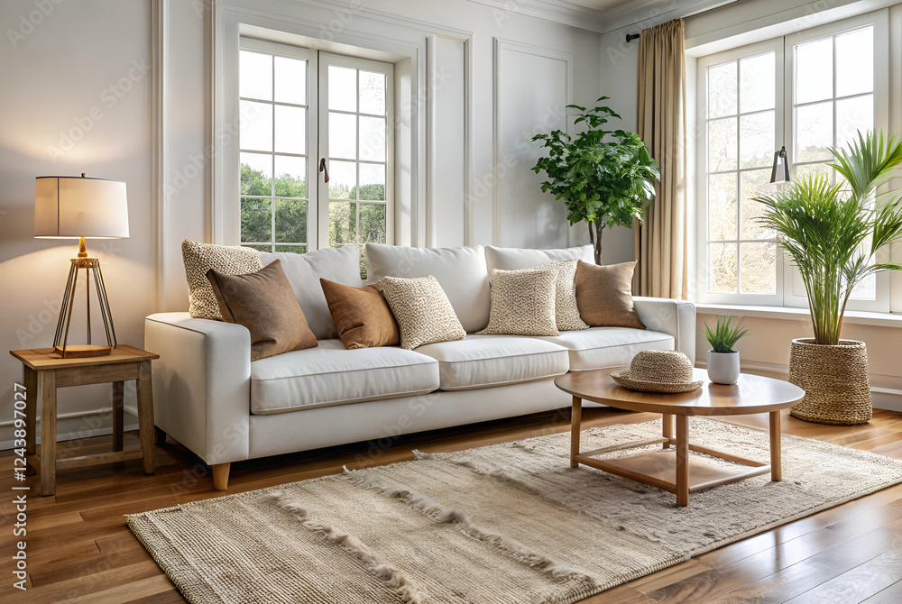 Fototapeta premium Neutral Cozy Minimalism, A cozy, well-lit living room featuring a white sofa, decorative pillows, a wooden coffee table, and indoor plants, creating a welcoming atmosphere.