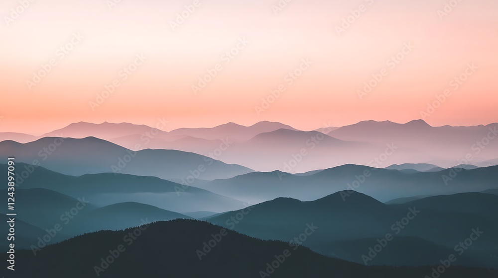 Fototapeta premium Misty Mountain Range with Fading Hills in the Soft Dawn Light