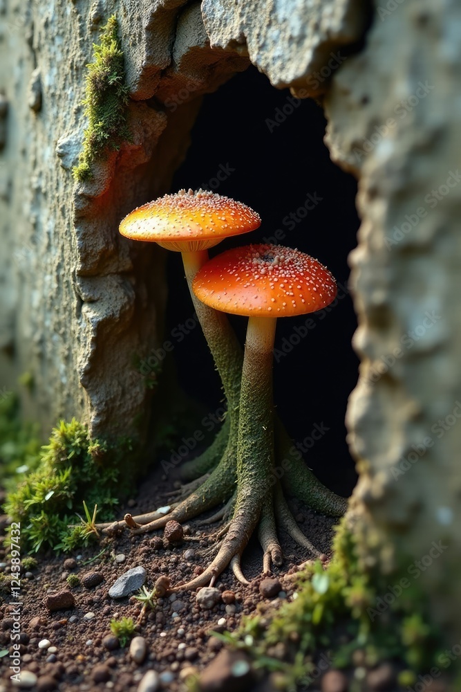 Roots and fungi growing through a crumbling wall, fungi, nature, earthy Roots and fungi growing through a crumbling wall, fungi, nature, earthy