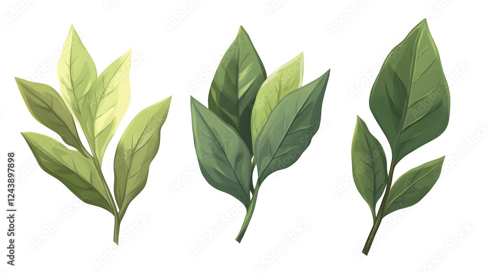 Fototapeta premium Illustrate bay leaves with deep green tones, showing their shape and texture, isolated on a white background