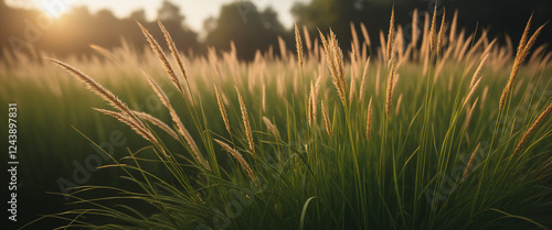 A landscape photograph of wild grass growing in a open field photo