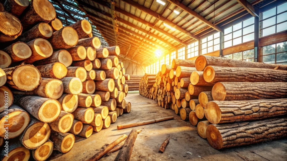 Sunlit Warehouse Filled with Stacked Timber Logs Ready for Processing Sunlit Warehouse Filled with Stacked Timber Logs Ready for Processing
