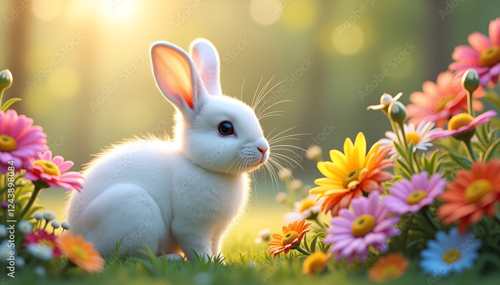 Fototapeta premium Adorable White Rabbit Sitting Among Colorful Spring Flowers in Sunlit Garden