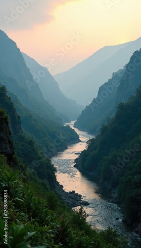 Shakva river valley with misty atmosphere and gentle slope at dawn, slope, shakva river valley photo